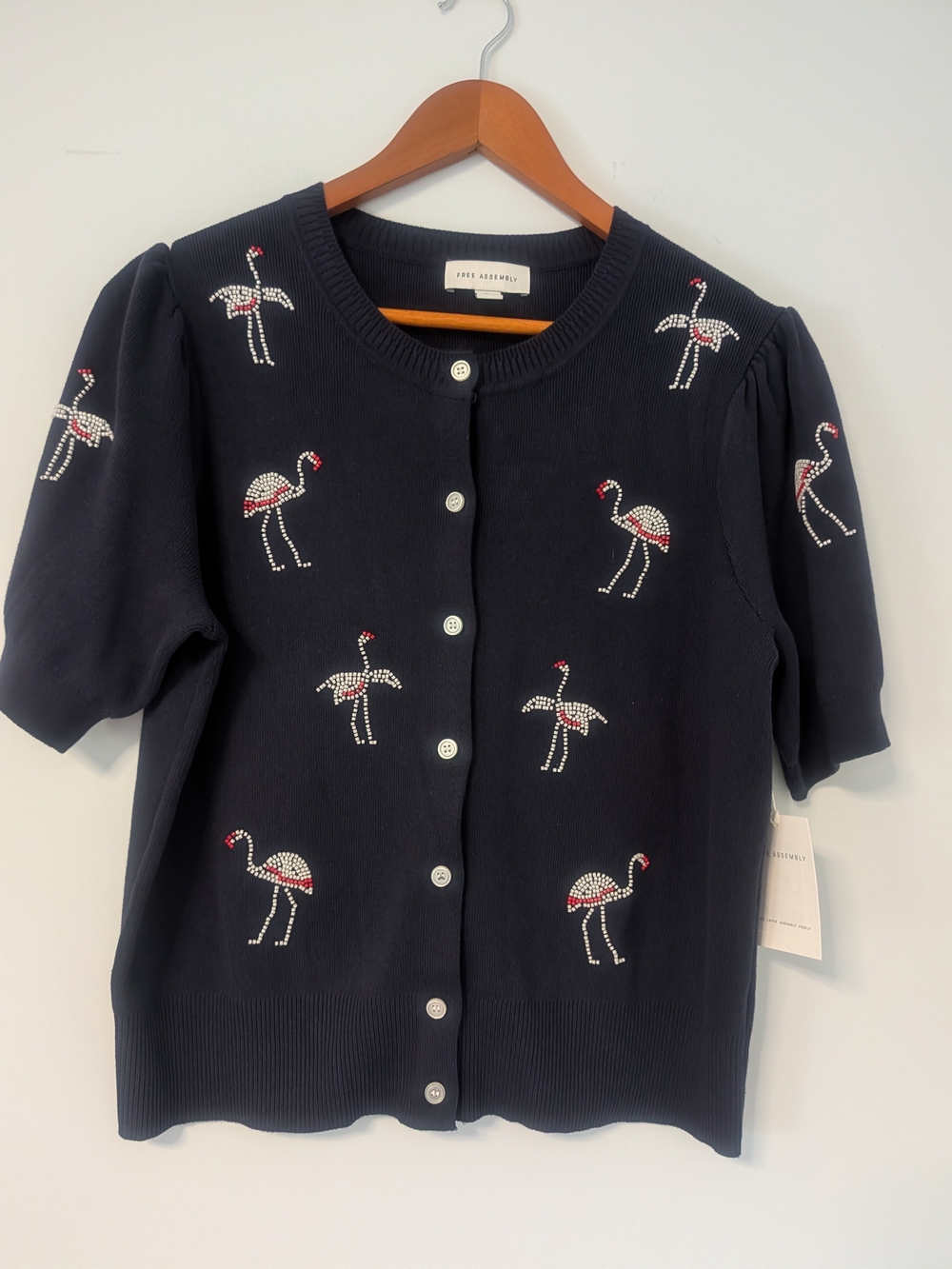 Short-Sleeve Navy Embellished Flamingo Cardigan